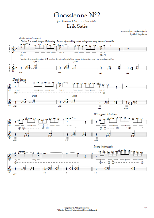 Gnossienne N°2 Erik Satie guitar pro tab Full Score Guitar Duet mysongbook